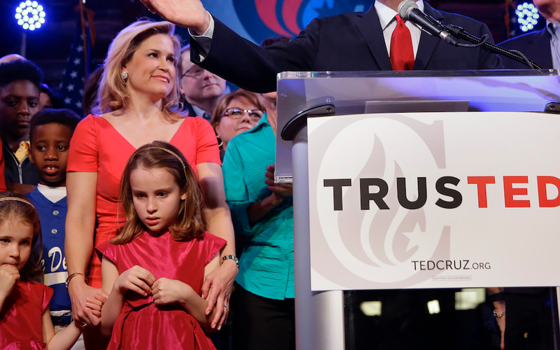 Caroline Cruz leans into her mother at an election night watch party in Stafford, Texas, wondering, if she stares hard enough, whether she can make the TRUSTED sign beside her burst into flames. She might as well try. (AP)